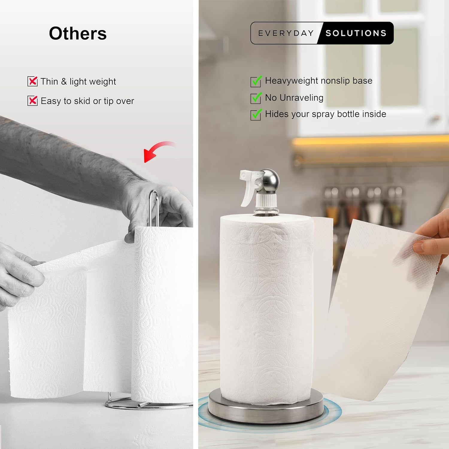 Skiennix Paper Towel Roll Holder - Space-Saving Design with Hidden 7oz Spray Bottle | Rust-Resistant Stainless Steel