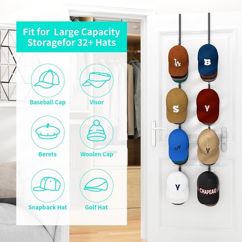 HapiRm Over Door Hat Rack | 2-Pack Baseball Cap Organizer with 8 Hooks - Holds Up to 40 Caps (Black)