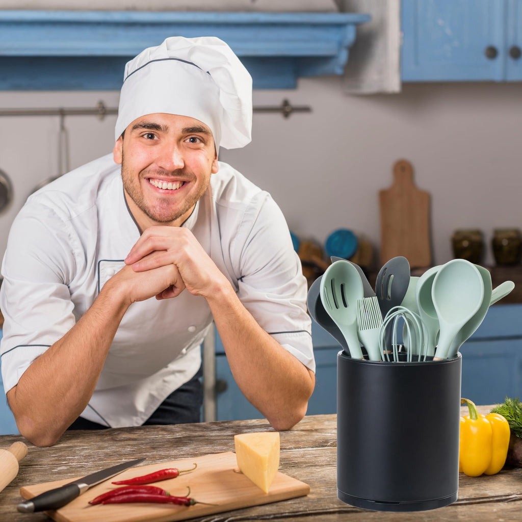 LIBODOUR Kitchen Utensil Holder Extra Large 360°Rotating For Counter Organizer Stainless Steel Storage Cooking Silverware Caddy 3 Compartment Flatware Spoon Spatula Tool Cutlery Container（Black）