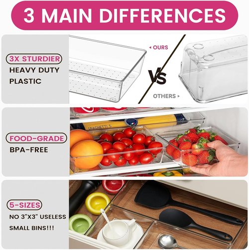 Criusia Drawer Organizer Bins - 26 Pack Clear Plastic Kitchen & Bathroom Organizers | Versatile Utensil & Makeup Storage