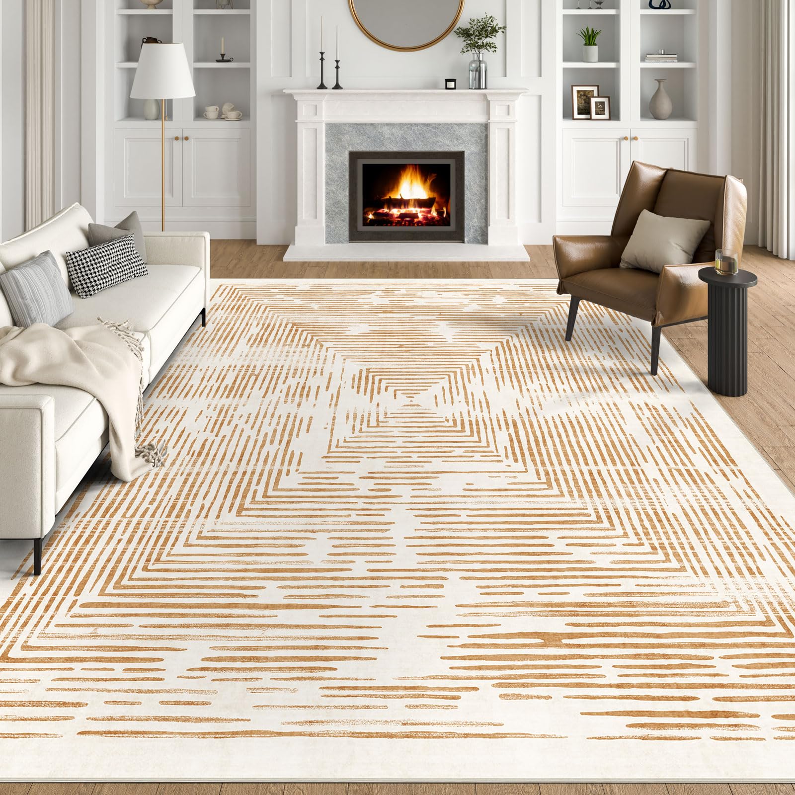 BLISSA Washable 5x7 Area Rugs - Soft Modern Throw Rug for Living Room Non-Slip Ultra-Thin Orange Lines Borderd Abstract Carpet for Bedroom Dining Room Rugs for Under Table Foyer Nursery Home Decor