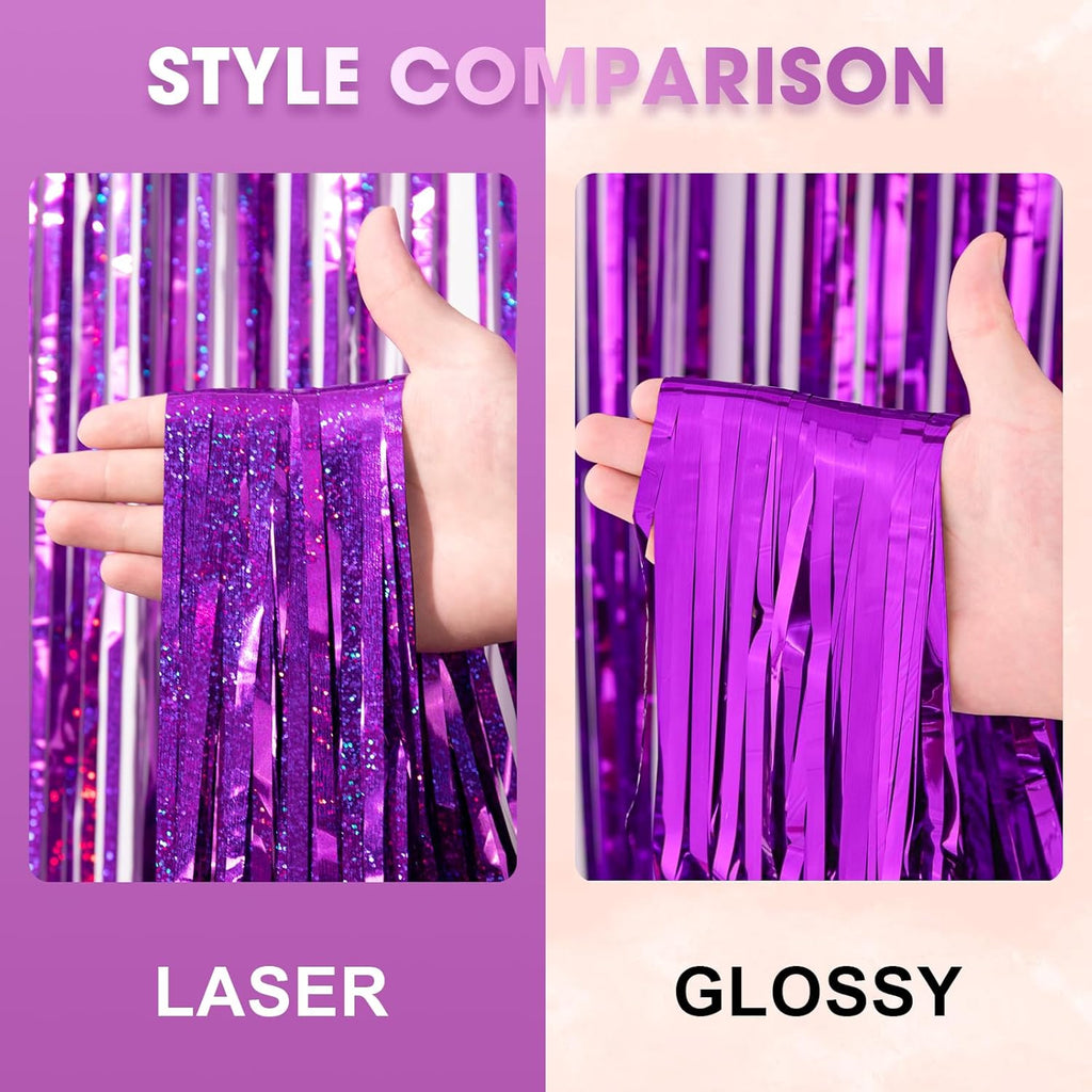 Voircoloria Laser Purple Foil Fringe Backdrop Curtains - 3 Pack 3.3 x 8.2 ft Tinsel Streamers for Parties