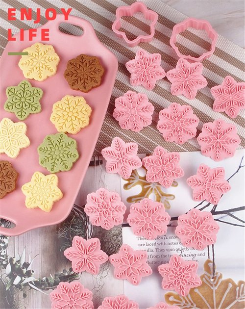 9 Patterns of 3D Snowflake Cookie Stamps Set, Food Grade Plastic 6 Branches Shaped Snowflakes Stamping Cookie Cutters Fondant Stamper Set for Baking (Pink)