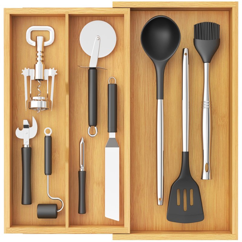 Lifewit Utensil Organizer for Kitchen Drawer, Expandable Cooking Utensil Tray, Cutlery Silverware Flatware Holder, Wood Adjustable Spatula Tools Storage Divider, 8.9-15.8 x 15.75, Natural