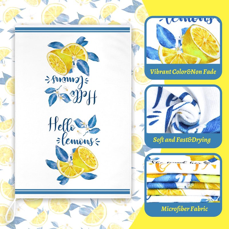 Sratte 6 Pcs Summer Lemon Kitchen Towels 24 x 16 Inch Italian Capri Tiles Lemon Dish Towels Absorbent Blue Yellow Hand Bathroom Towel Mediterranean Tea Towel for Kitchen Bath Amalfi Coast Party Decor