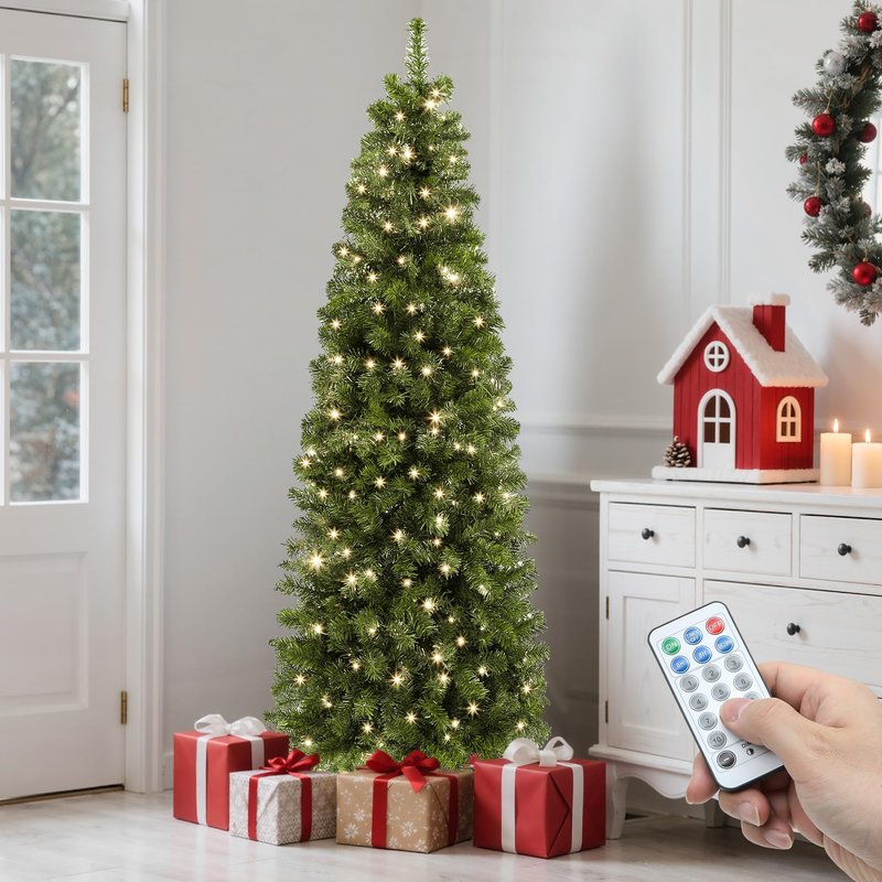 YITAHOME Prelit Pencil Christmas Tree 6 FT with Remote Control, Slim Fraser Fir Green Christmas Tree with 700 Branch Tips and 200 Lights for Home, Office, Party Decoration