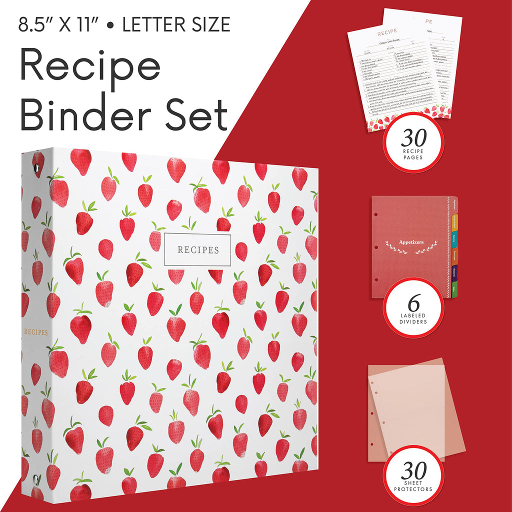 Jot & Mark 8.5" x 11" 3 Ring Recipe Binder with Spill-Proof Clear Binder Sleeves Sheet Protector, 30 Dual-Sided Recipe Card Pages for Written & Printed Recipes, Tabbed Dividers, Strawberry Wilds