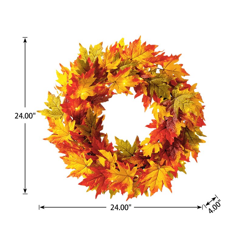 Glitzhome 24 Inch Pre-lit Fall Wreath, Autumn Wreath for Front Door, Lighted Maple Leaves Wreaths with Timer for Thanksgiving Halloween Christmas Wall Front Porch Home Decoration