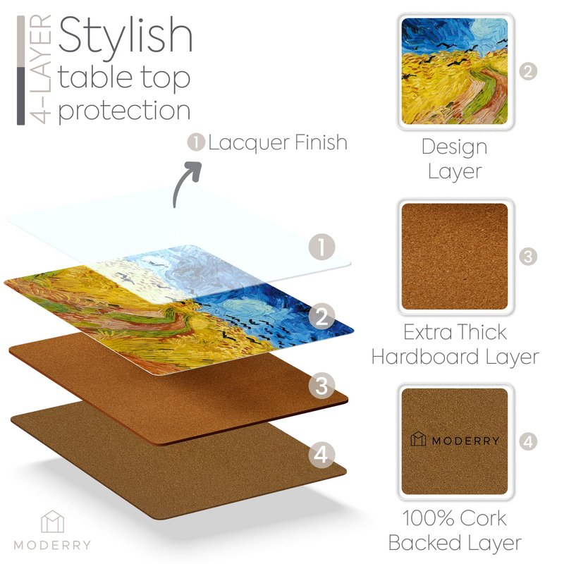 Moderry Set of 4 Heat Resistant Cork Placemats for Dining Table with Free Set of 4 Matching Drink Coasters Van Gogh Art Design 16 x 12 Inches Cork Backed Hard Placemats (Horizons of Light and Shadow)