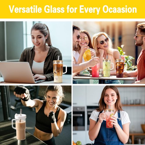 Qumuauu 4Pack 24oz Glass Tumbler Cup with Bamboo Handle Lids and Straws, Mason Jars with Wide Mouth Iced Coffee Cup Reusable Drinking Glasses Travel Mug for Smoothie Beer Juice Tea