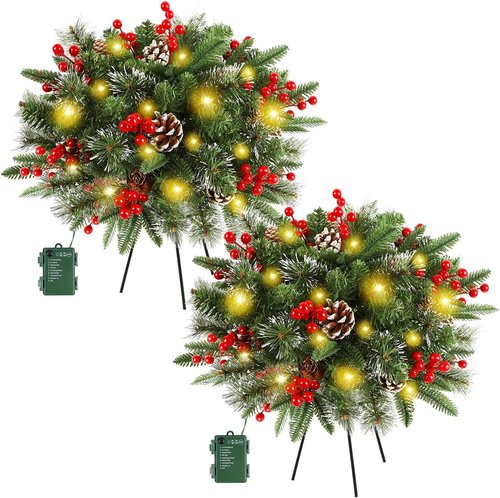 Juegoal Pre-Lit Christmas Tree Urn Filler - Lighted Artificial Pine Trees with 8 Modes & Timer | Battery Powered Holiday Decor