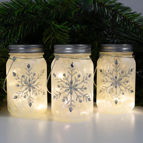 LumaBase Battery Operated Silver Snowflake Glass Mason Jars - Set of 3