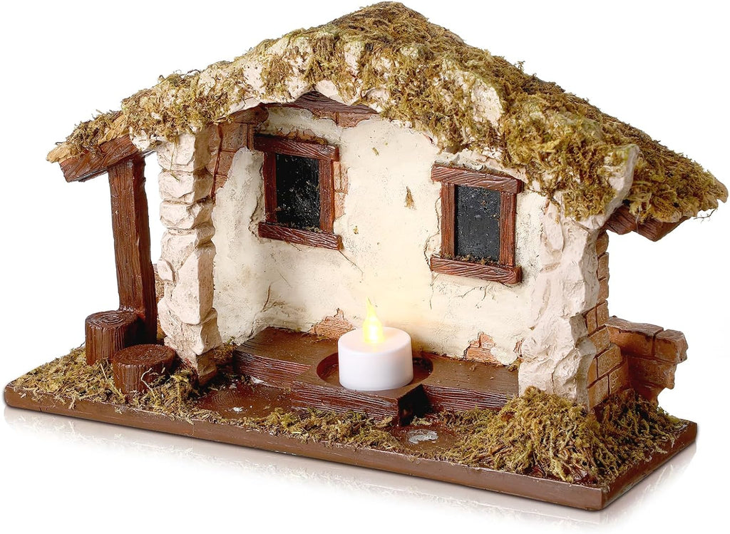 Barydat Christmas Nativity Scene - Realistic Resin Manger with Moss Roof | 10 x 7.87 x 5 Inches