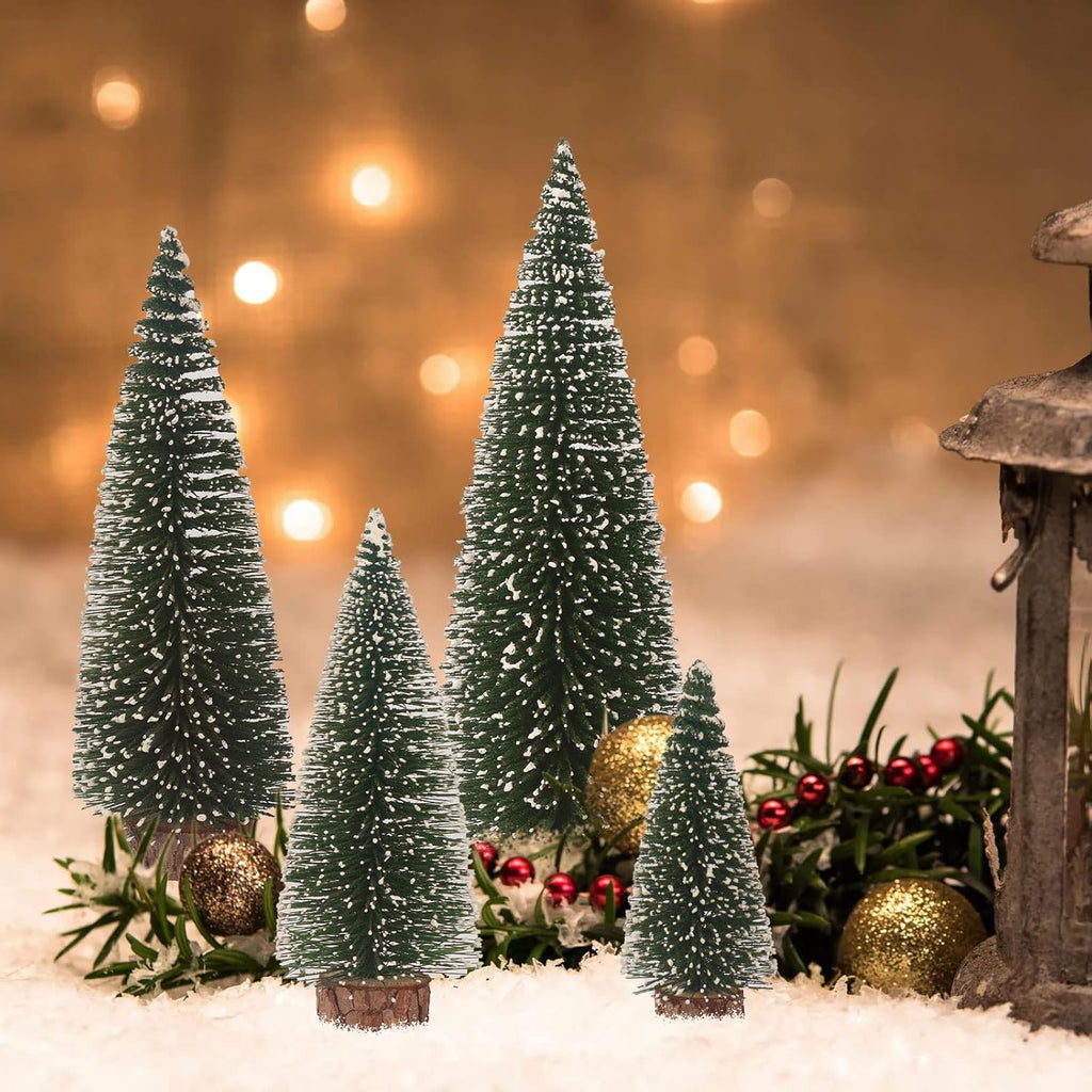 Skiennix Mini Christmas Tree - Small Pine Tabletop Decor with Wooden Bases | Green - Set of 4