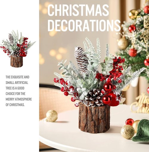 Hatisan Small Christmas Tree - Tabletop Artificial Pine Cone & Berry Ornaments | 2 Pack Red-Round for Holiday Decor