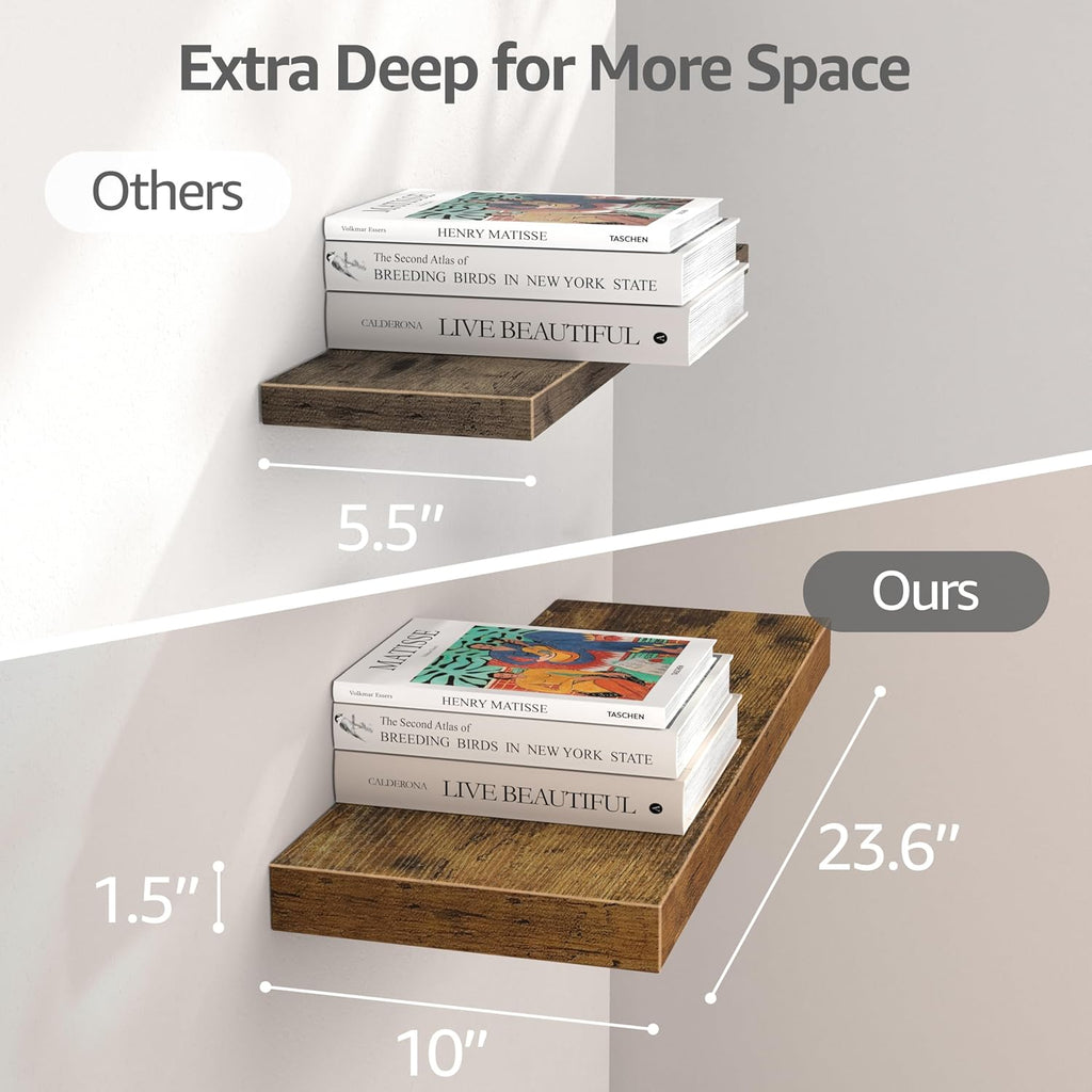 QEEIG 10" Deep Floating Shelves - Rustic Brown Wall-Mounted Bookshelf Set of 3 for Bathroom & Living Room