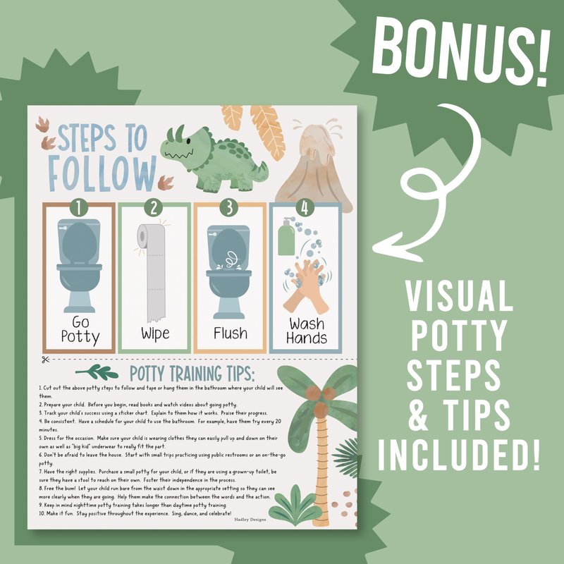 Hadley Designs Potty Training Chart for Toddlers Boys -10 Sticker Potty Chart for Toddlers Boys, 8.5x11" Potty Training Sticker Charts for Toilet Success, Dinosaur Toddler Reward Chart for Kids