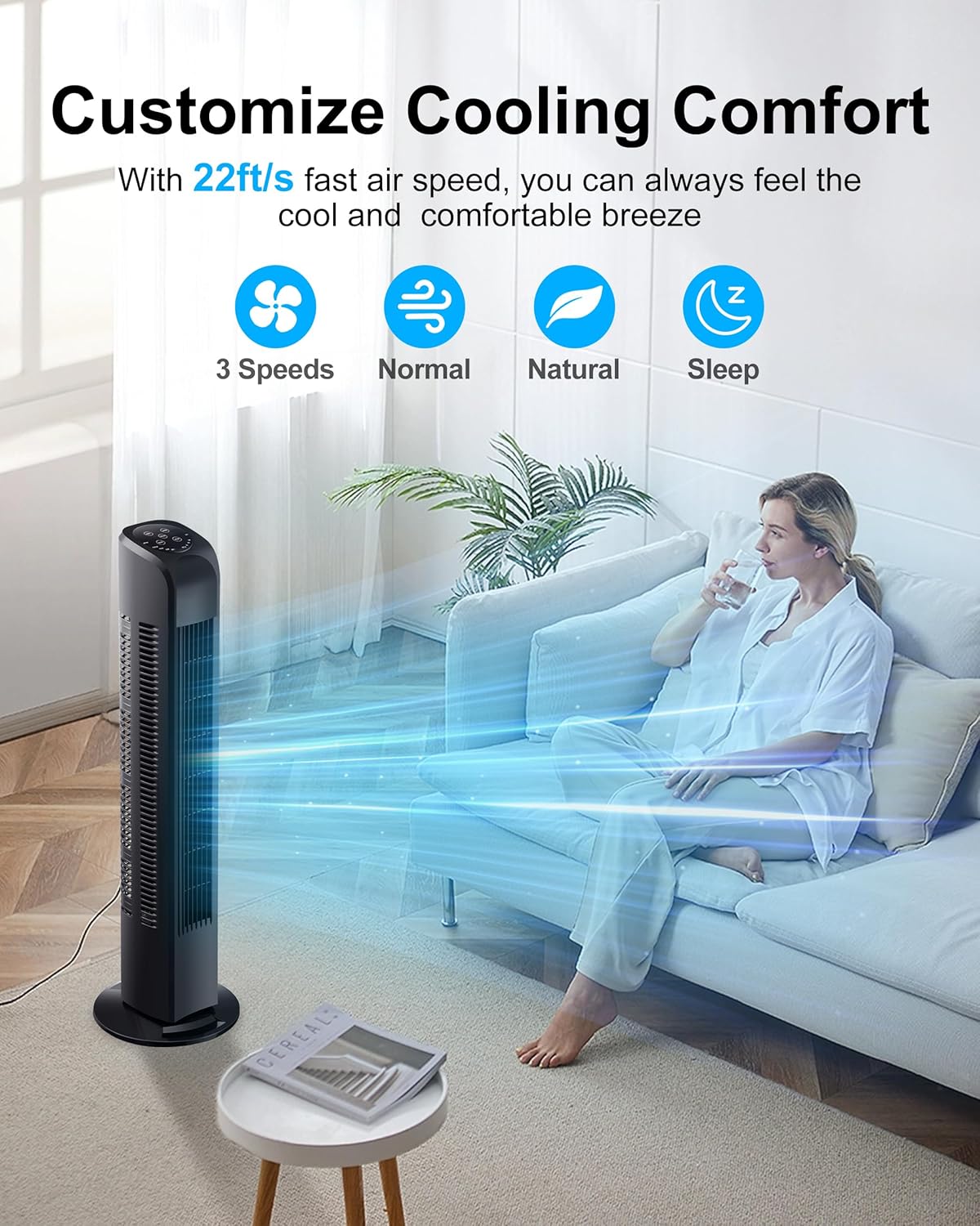 Uthfy Oscillating Tower Fan - Quiet Bladeless Electric Fan with Remote | 30-Inch Black Design for Home & Office
