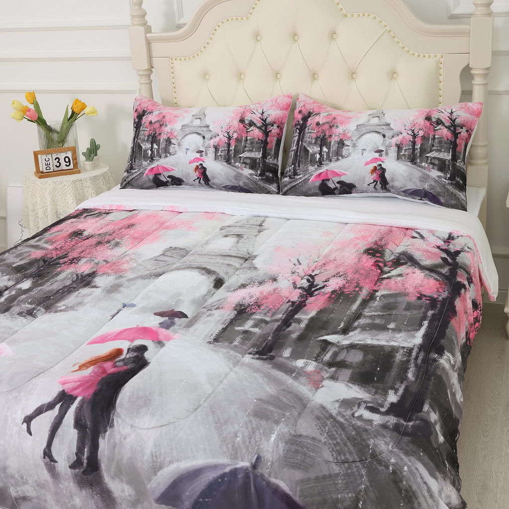 EDGZKO Paris Comforter Set King: Pink and Grey Eiffel Tower Bedding Sets King Size French Style Romantic for Girls Teens Women Bedroom Soft Quilt Bed Set 1 Comforter & 2 Pillowcases