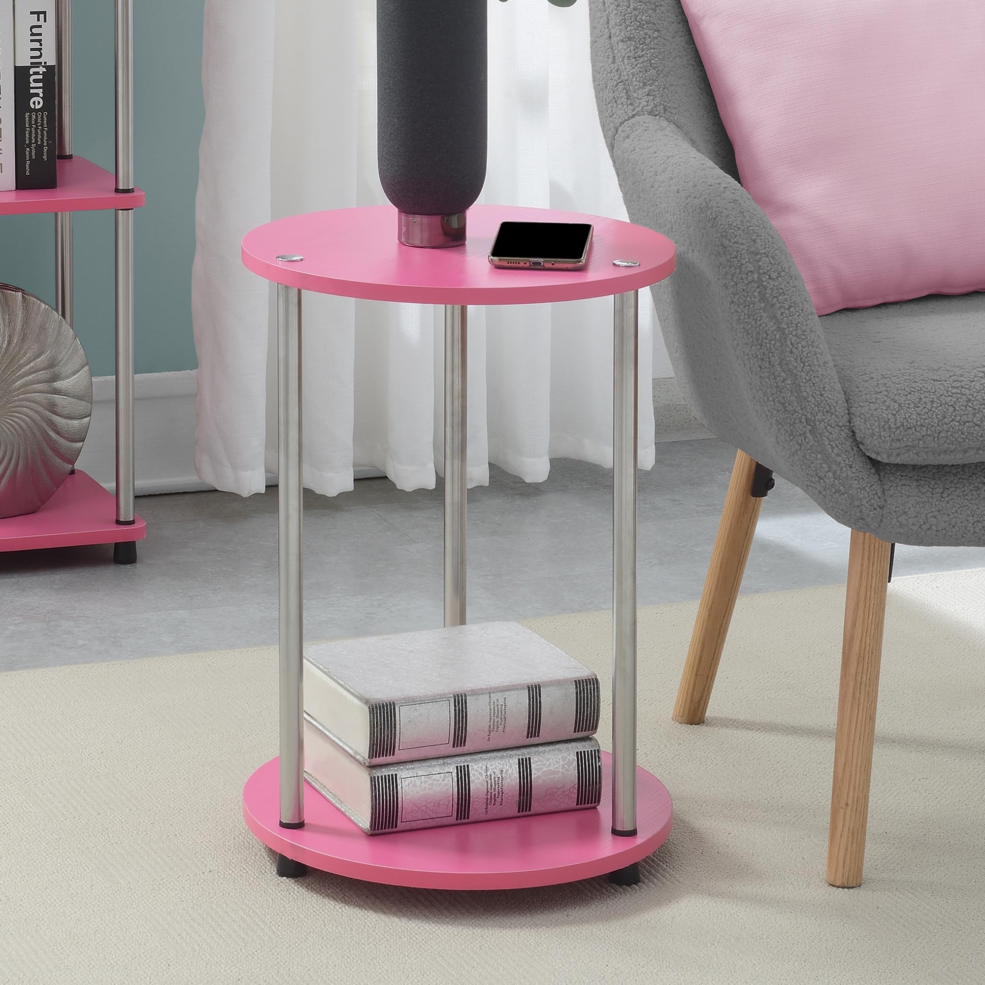 Convenience Concepts Designs2Go No Tools 2 Tier Round End Table 15.75" - Contemporary Modern Side Table with Storage Shelf for Family Room, Office, Den, Pink