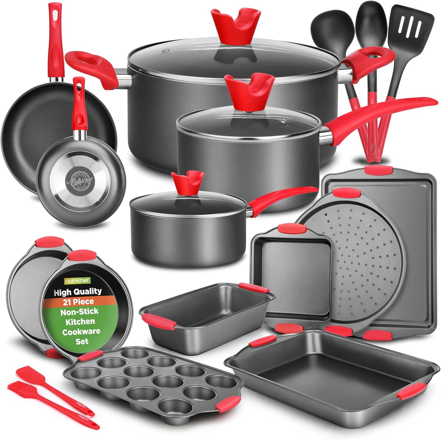 NutriChef 21-Piece Nonstick Cookware Set - Heat Resistant, PTFE/PFOA Free | Includes Pots, Pans, and Bakeware