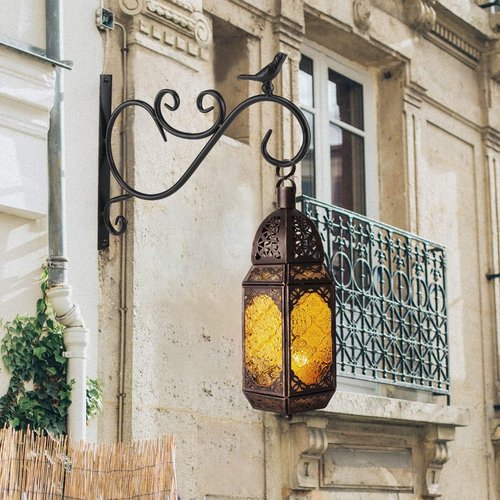 Lewondr Metal Glass Ramadan Candle Lantern - Moroccan Style Portable Hanging Lamp for Home & Garden - Copper & Yellow