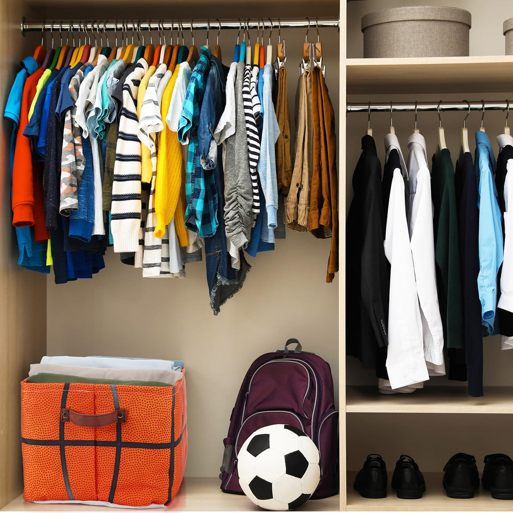 Bokon 4 Pcs Sports Ball Storage Basket Bin Fabric Toys Storage Cube with Handles Collapsible Closet Shelf Cloth Organizer Basket for Nursery Kids Boys Bedroom (Basketball)