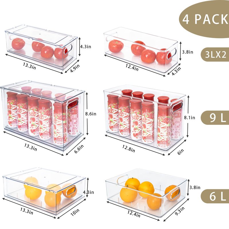 MANO Fridge Drawer Pull Out Stackable Bins with Handle Clear Refrigerator Drawers Organizer Food Storage Container Box with Dividers Plastic Produce Saver for Pantry, Cabinet, Kitchen, Clothes（4Pack）