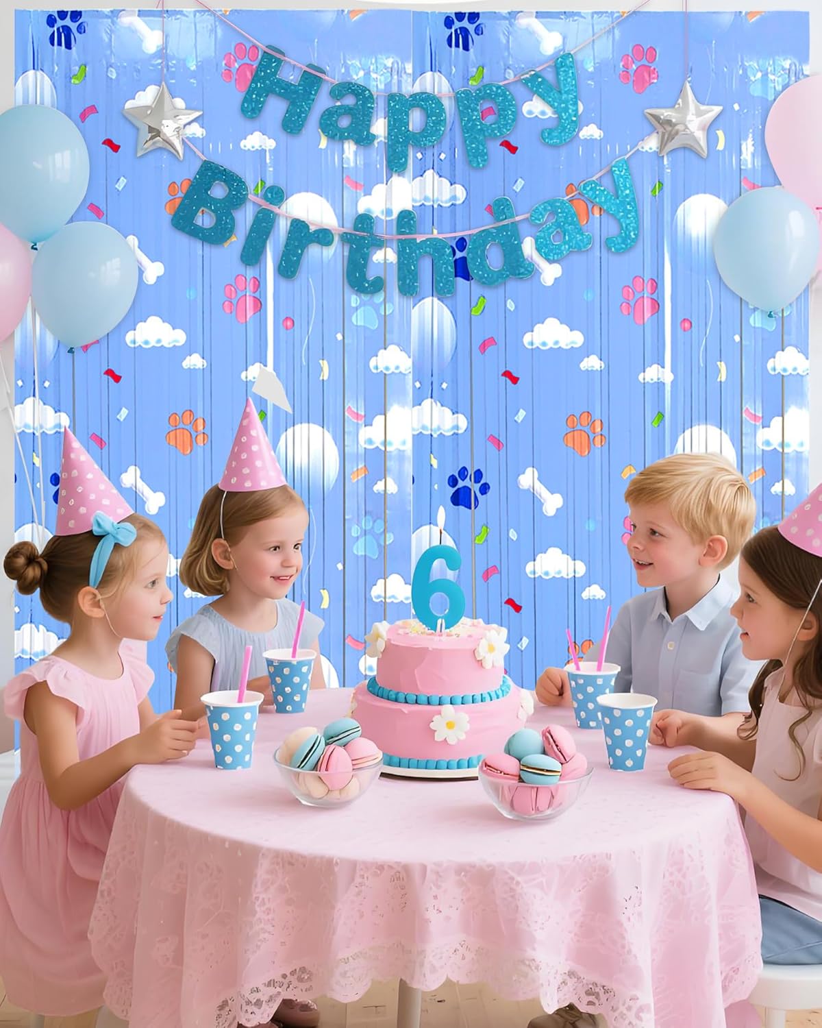 Paw Birthday Decorations - Blue Dog Theme Party Supplies | 3 Pack Tinsel Foil Fringe Curtains & Photo Booth Props