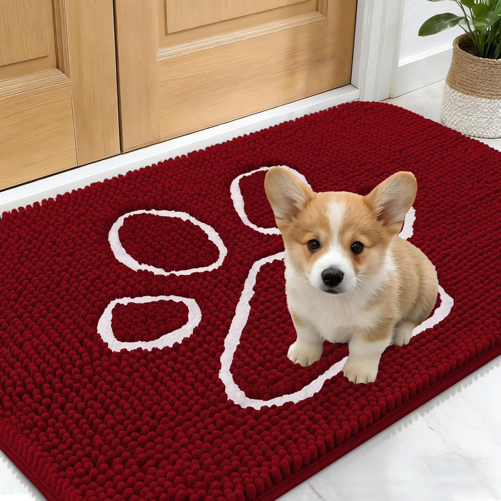 OLANLY Dog Door Mat - Absorbent Non-Slip Mud Mat for Paws | 24x16 Inches, Quick Dry Chenille, Red