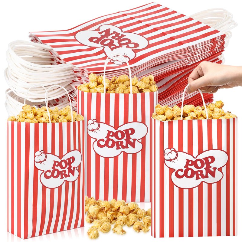 Gersoniel 100pcs 9.84 x 6.89 X2.95 Inch Large Hand-held Popcorn Bag, Classic Striped Popcorn Bag, Flat Bottom Paper Individual Food Tote for Carnival Birthday Movie Night Party Supply(Red and White)