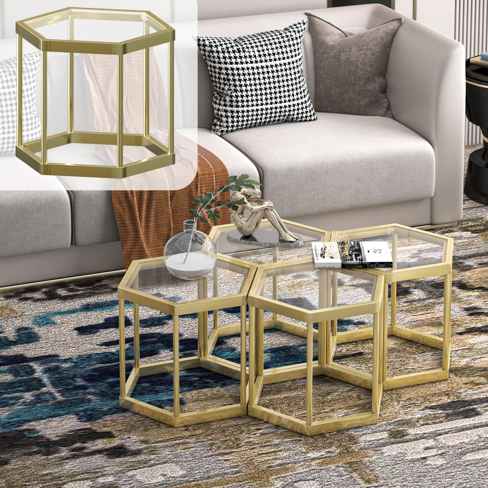 LUGSHIREE Gold Coffee Table Glass Modern Coffee Table, Hexagon Free Combination Glass Center Table Small End Tables with Metal Frame for Living Room Set of 1