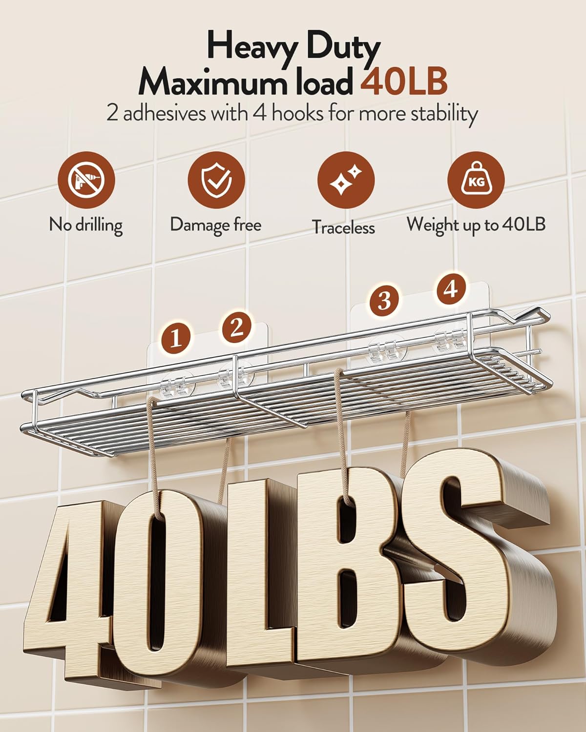 Orimade Bathroom Shelf Organizer - Traceless Adhesive Shower Caddy | No Drilling, SUS304 Stainless Steel, 15.75 Inch, Silver