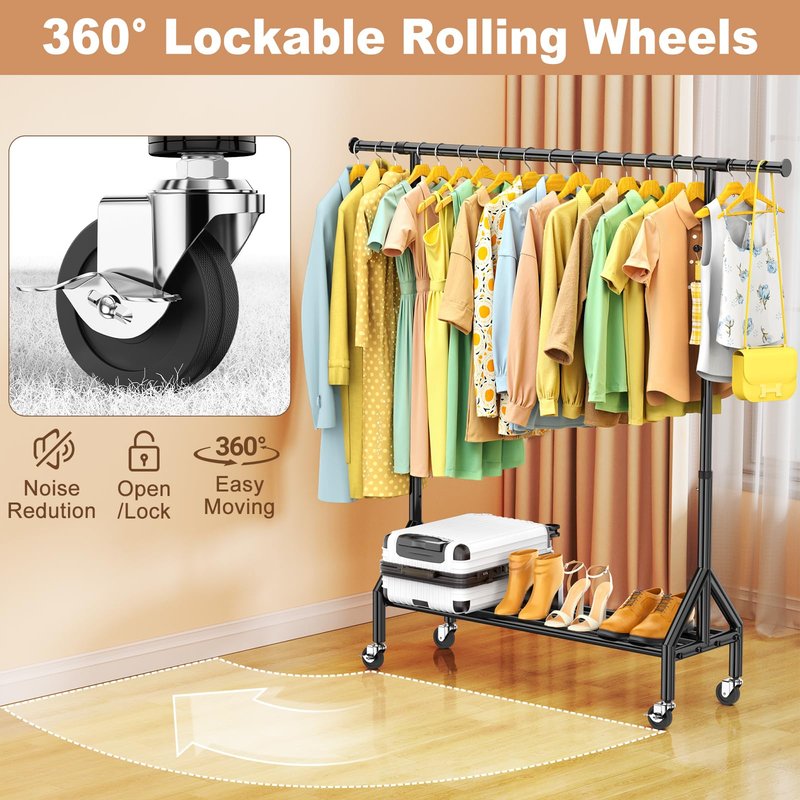 TigerParty Clothes Rack, Clothing Racks for Hanging Clothes, Rolling Garment Rack, Adjustable Free Standing Clothes Organizer with Wheels, Space-saving Design for Bedroom Laundry Living Room