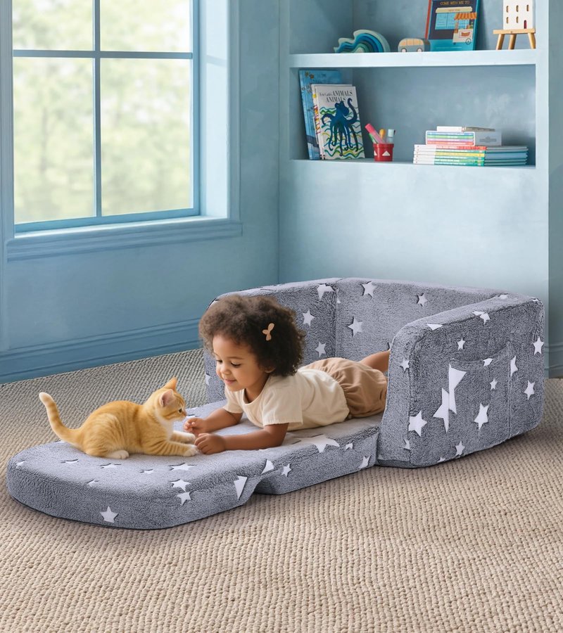 Kids Couch, 2-in-1 Soft Toddler Couch Fold Out with with Blanket and Cloud Pillow, Glow in The Dark, Toddler Chair Comfy, Convertible Sofa, Gifts for Kids Girl Boys, Medium Grey Star