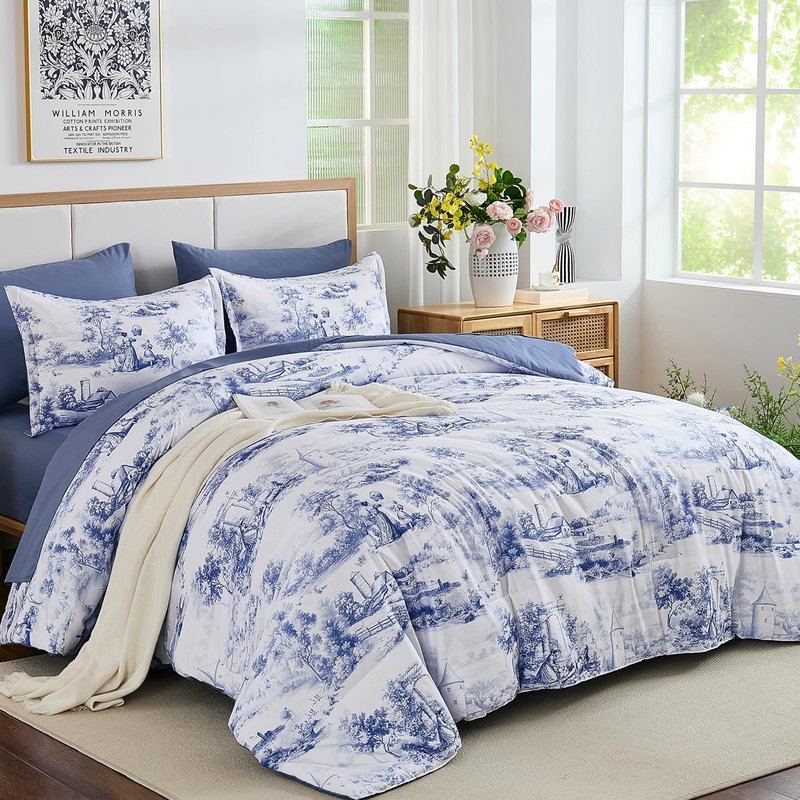WONGS BEDDING Blue Comforter Set King, 7 Pieces Bed in a Bag Farmhouse Comforter with Sheets, French Toile Bedding Set, Soft Lightweight Microfiber Botanical Print Complete Bed Set for All Season