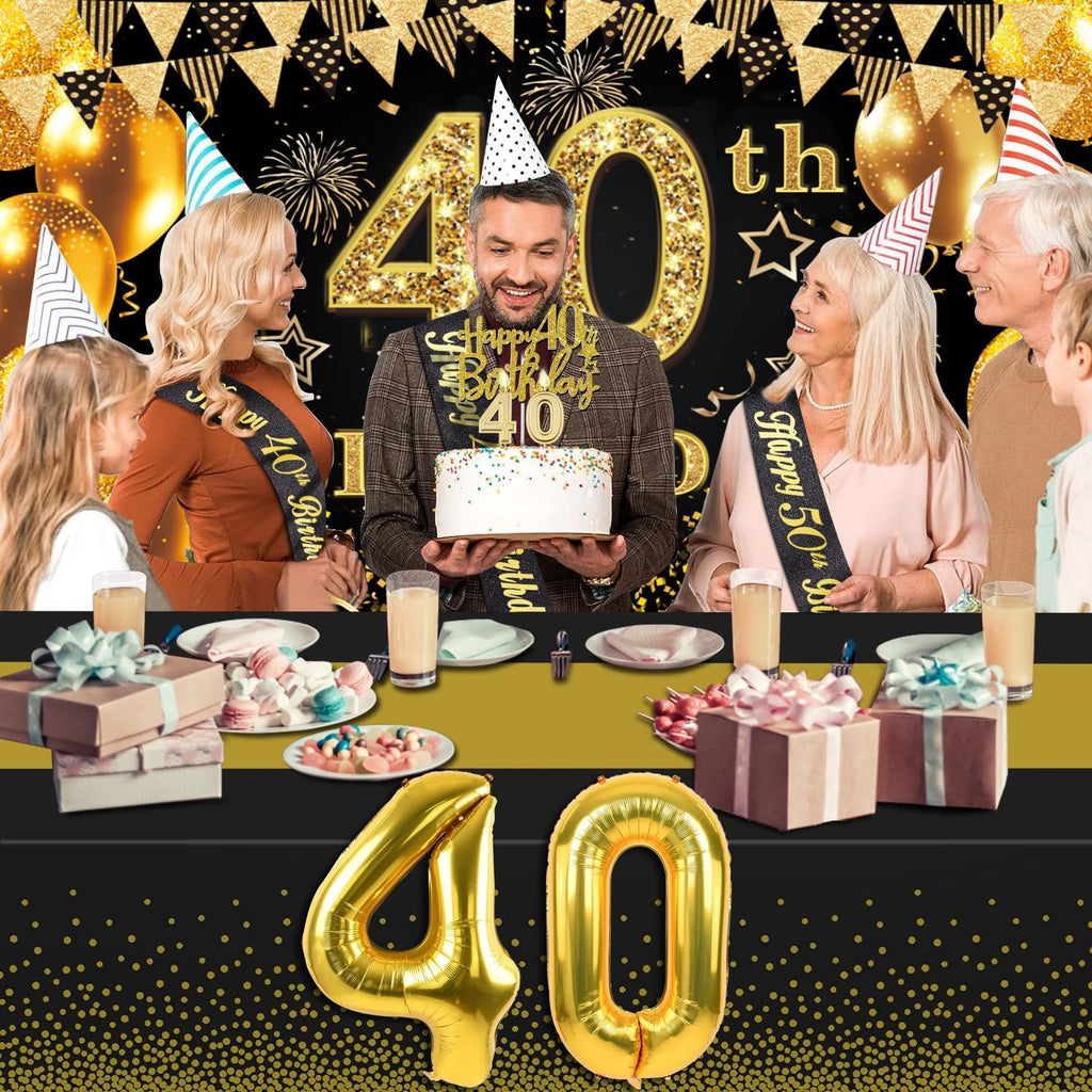 Regine Switzerland 40th Birthday Decorations - Black & Gold Banner, Table Cloth, Balloons & Cake Topper