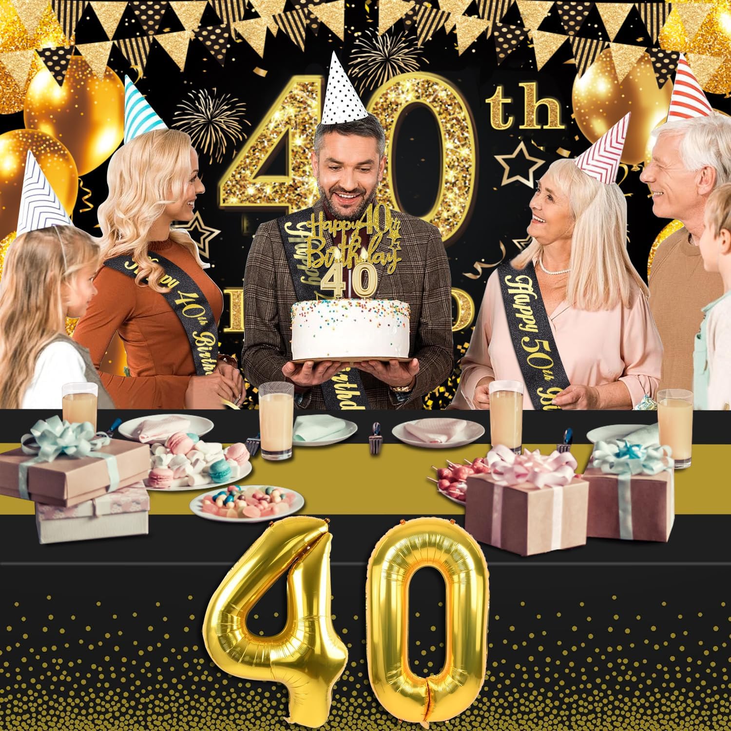 Regine Switzerland 40th Birthday Decorations - Black & Gold Banner, Table Cloth, Balloons & Cake Topper