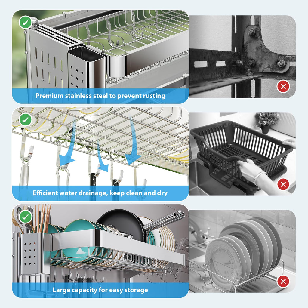 Shrivee Over The Sink Dish Drainer Drying Rack, 2 Tier Adjustable Width (20.87'' to 37.6'') 304 Stainless Steel Large Over Sink Dish Drying Rack for Kitchen Counter Organizer, (Silver)
