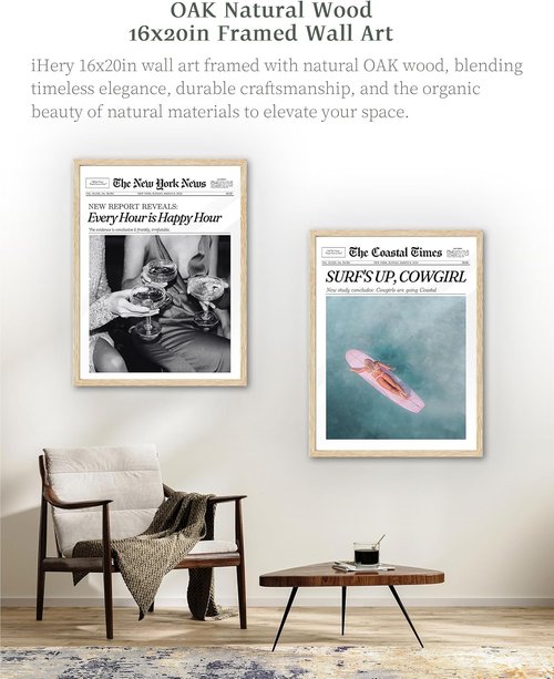 iHery Framed Newspaper Wall Art - Trendy Retro New York Prints | Natural Oak Wood, 16x20in for Bedroom & Dorm
