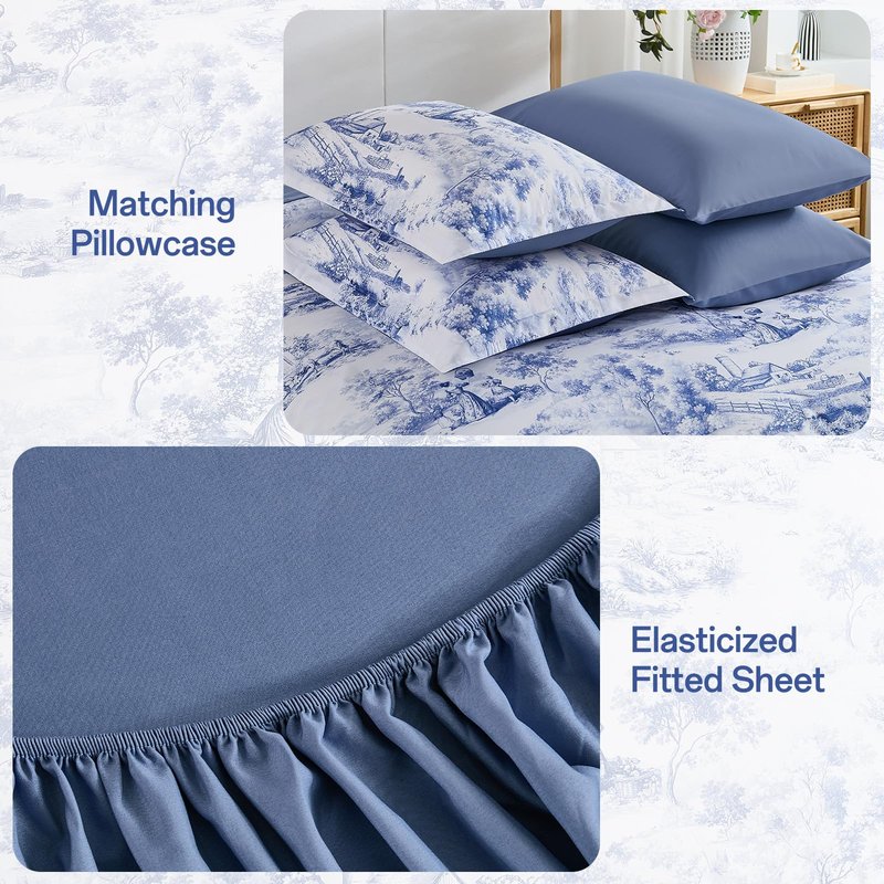 WONGS BEDDING Blue Comforter Set King, 7 Pieces Bed in a Bag Farmhouse Comforter with Sheets, French Toile Bedding Set, Soft Lightweight Microfiber Botanical Print Complete Bed Set for All Season