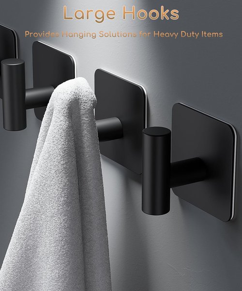 Aikzik Heavy Duty Wall Hooks - 26lb Max Stainless Steel Adhesive Towel & Coat Hooks | Matte Black, 4 Pack
