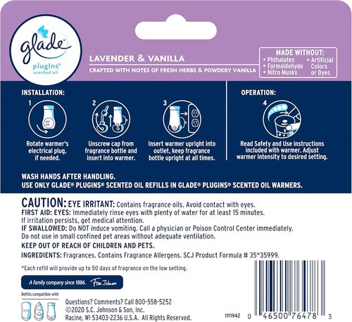 Glade PlugIns Refills Air Freshener - Lavender & Vanilla Scented Essential Oils | 2.01 Fl Oz, 3 Count