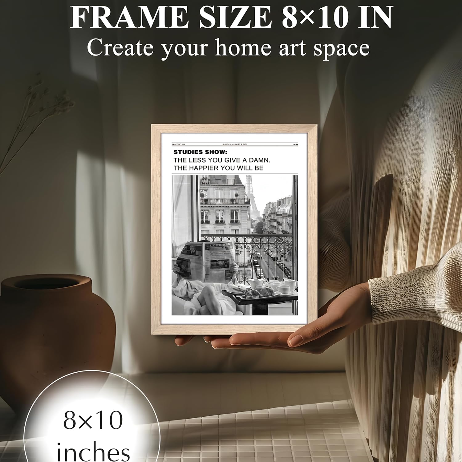 Vintage Black and White Newspaper Wall Art - Positive Headline Canvas Print for Bedroom & Bathroom | 8x10 Inch Light Wood Frame