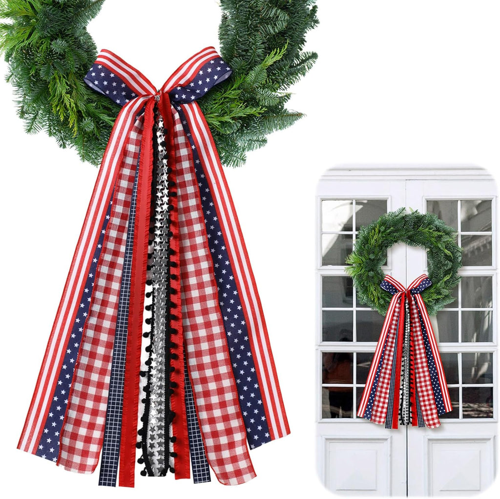 Riceshoot Patriotic 4th of July Wreath - Large Red, White & Blue Ribbon Bow for Indoor/Outdoor Decor