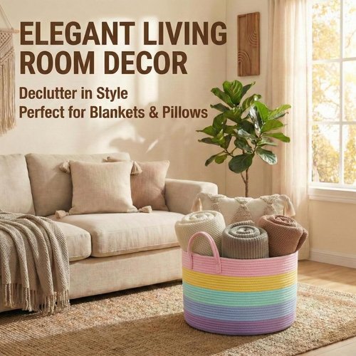 JMvicyroam 65L Extra Large Blanket Basket - Woven Cotton Rope Laundry Hamper with Handles | Machine Washable Rainbow Storage Bin for Pillows & Toys