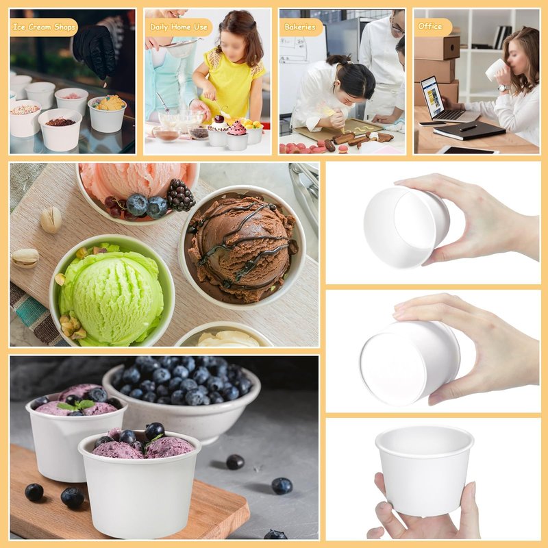 TKOnline 100 Pcs 9 Ounce White Paper Ice Cream Cups Disposable Soup Bowls Treat Snack Cups Disposable Paper Cups Dessert Bowls for Hot or Cold Food, Frozen Yogurt, Sundae, Soup ﻿
