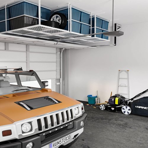 FLEXIMOUNTS Overhead Garage Storage Rack - Adjustable Heavy-Duty Metal | 750lbs Capacity, White