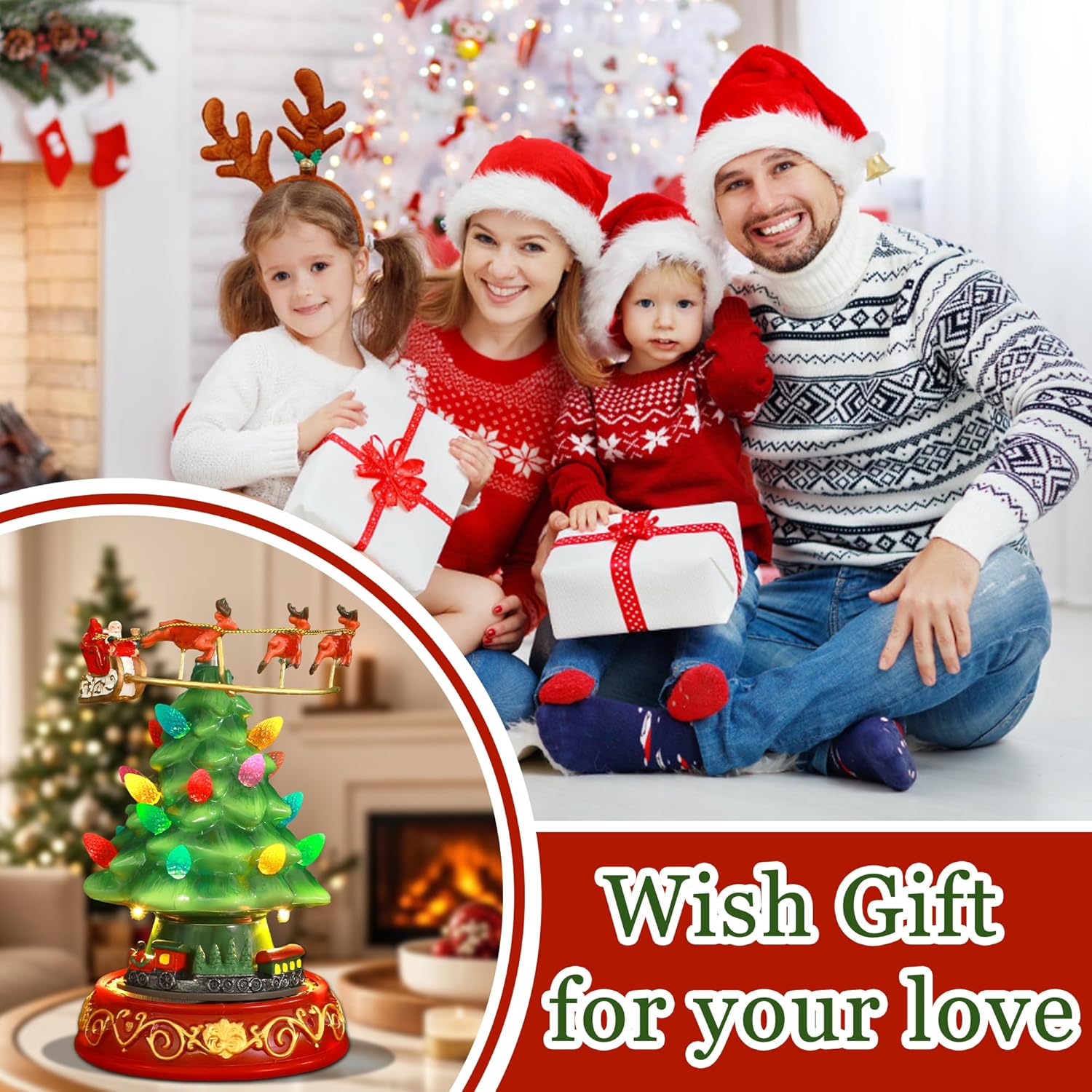 Skiennix Musical Pre-Lit Artificial Christmas Tree - Spinning Train & Elk Figurines | Holiday Tabletop Decor