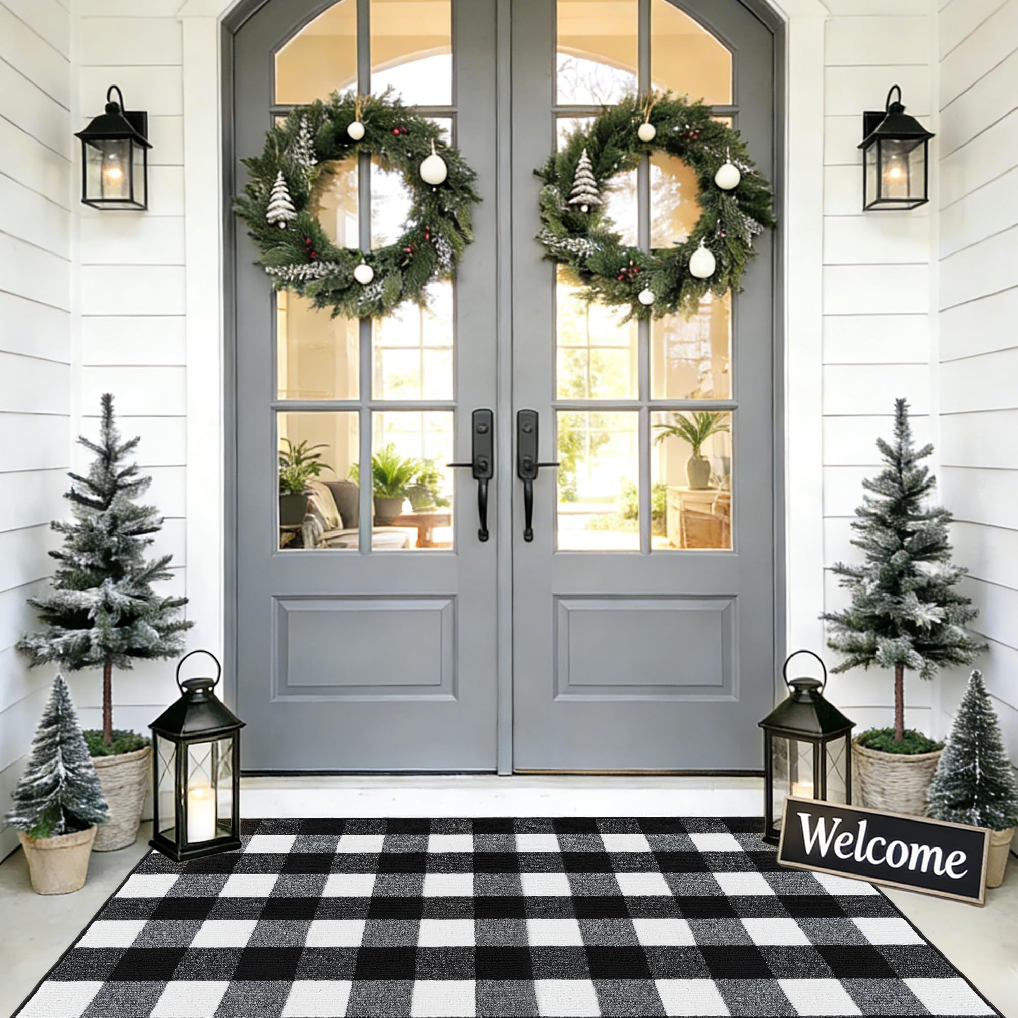 REFETONE Buffalo Plaid Rug 36"x59", Black and White Checkered Rug Rubber Backing Non-Slip Indoor Outdoor Rugs for Layered Door Mats, Washable Absorbent Carpet for Front Porch Farmhouse Entryway